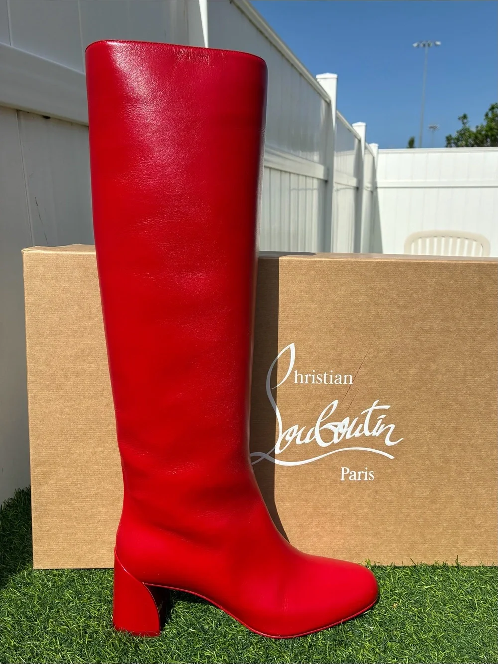 CHRISTIAN LOUBOUTIN JANITTA 55 RED LEATHER BLOCK HEEL KNEE-HIGH BOOTS SZ 38.5